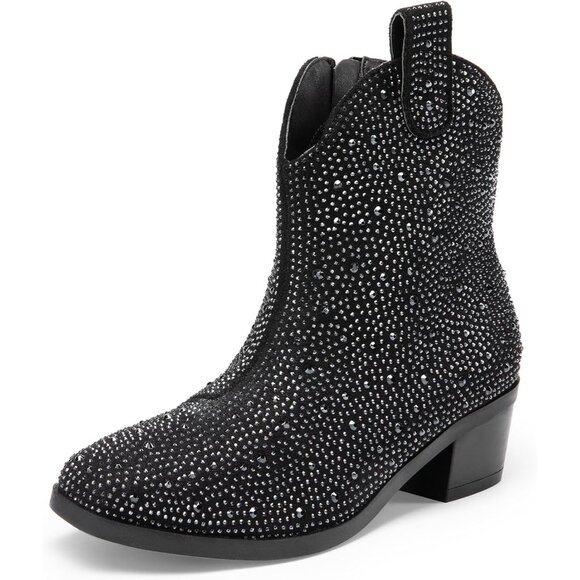 ⚡Girls Black Cowgirl Rhinestone Zipper Boots Ankle Low Heel Dress Booties - Picture 1 of 5